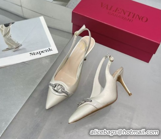 Classic Hot Valentino The Bold Edition VLogo Satin Slingback Pumps 8cm with Strass White 2025 VLTN02252