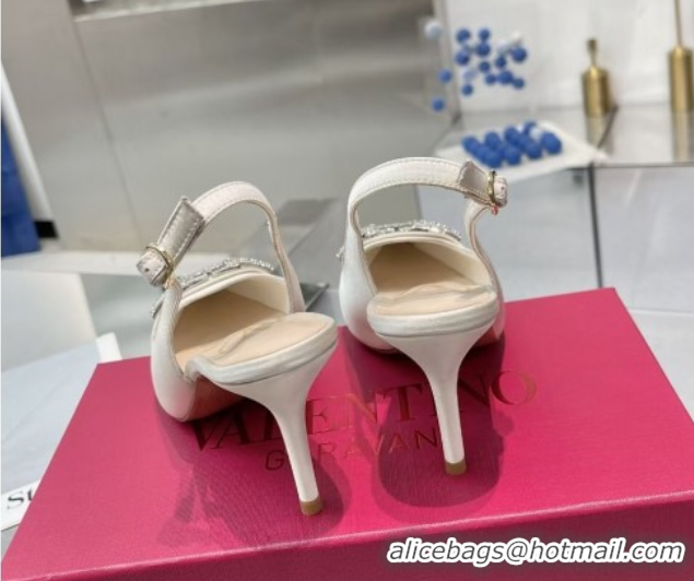 Classic Hot Valentino The Bold Edition VLogo Satin Slingback Pumps 8cm with Strass White 2025 VLTN02252