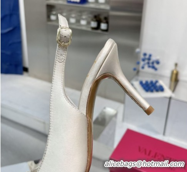 Classic Hot Valentino The Bold Edition VLogo Satin Slingback Pumps 8cm with Strass White 2025 VLTN02252