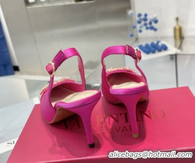 Good Quality Valentino The Bold Edition VLogo Satin Slingback Pumps 8cm with Strass Dark Pink 2025 VLTN02252