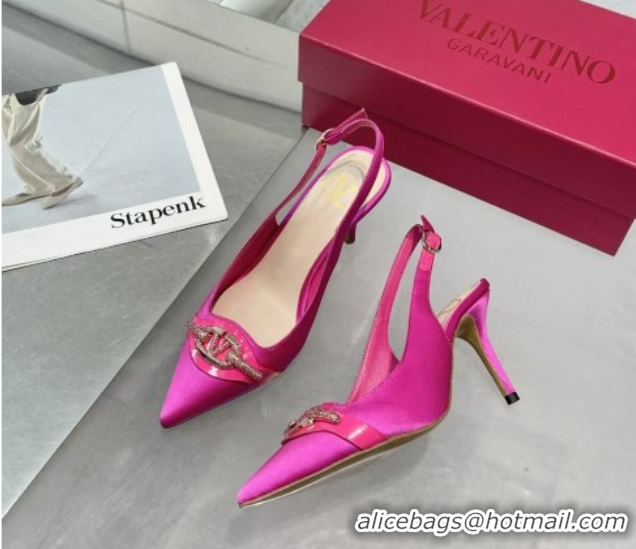Good Quality Valentino The Bold Edition VLogo Satin Slingback Pumps 8cm with Strass Dark Pink 2025 VLTN02252
