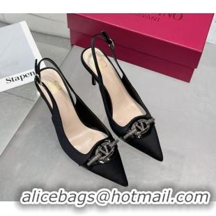Popular Style Valentino The Bold Edition VLogo Satin Slingback Pumps 8cm with Strass Black VLTN02252