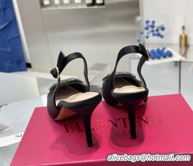 Popular Style Valentino The Bold Edition VLogo Satin Slingback Pumps 8cm with Strass Black VLTN02252