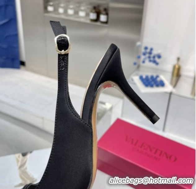 Popular Style Valentino The Bold Edition VLogo Satin Slingback Pumps 8cm with Strass Black VLTN02252
