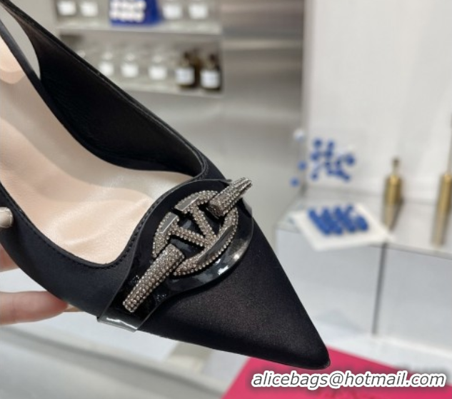 Popular Style Valentino The Bold Edition VLogo Satin Slingback Pumps 8cm with Strass Black VLTN02252