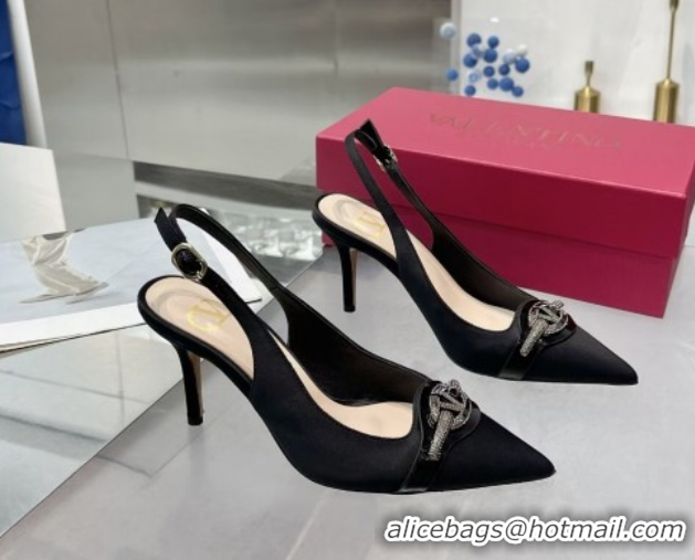 Popular Style Valentino The Bold Edition VLogo Satin Slingback Pumps 8cm with Strass Black VLTN02252