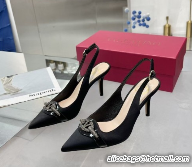 Popular Style Valentino The Bold Edition VLogo Satin Slingback Pumps 8cm with Strass Black VLTN02252