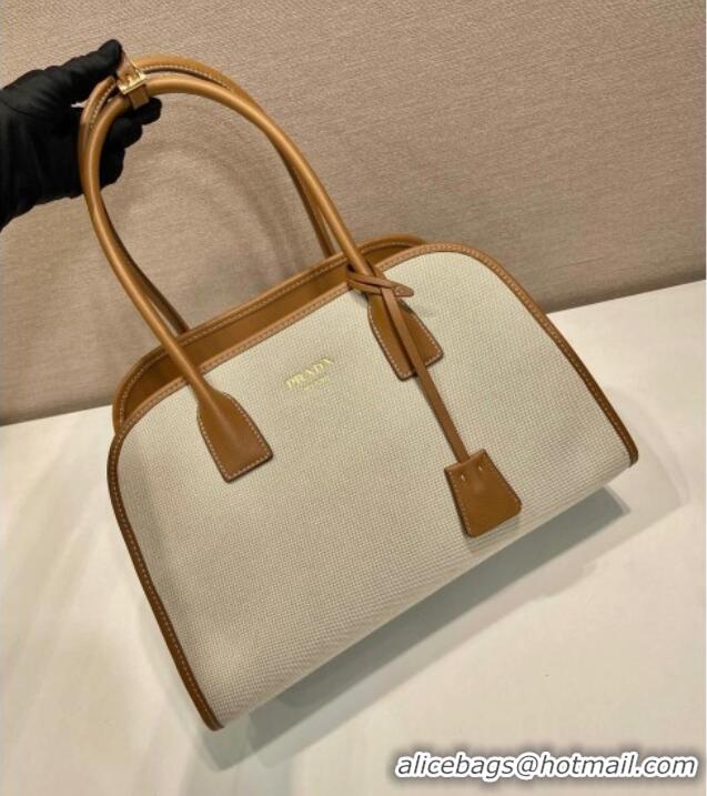 Buy Inexpensive Prada Medium linen blend and leather tote bag 1BG572 Brown 2025