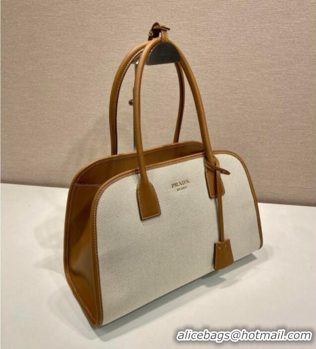 Buy Inexpensive Prada Medium linen blend and leather tote bag 1BG572 Brown 2025