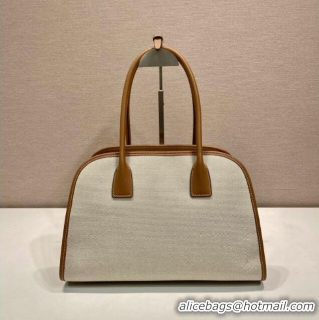 Buy Inexpensive Prada Medium linen blend and leather tote bag 1BG572 Brown 2025