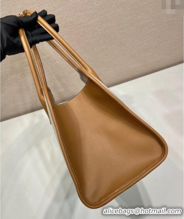 Buy Inexpensive Prada Medium linen blend and leather tote bag 1BG572 Brown 2025
