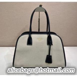 Luxury Discount Prada Medium linen blend and leather tote bag 1BG572 Black 2025