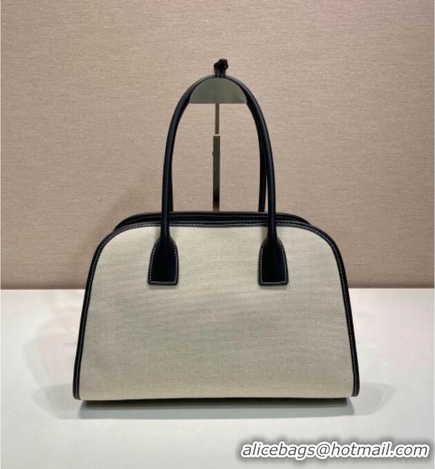 Luxury Discount Prada Medium linen blend and leather tote bag 1BG572 Black 2025