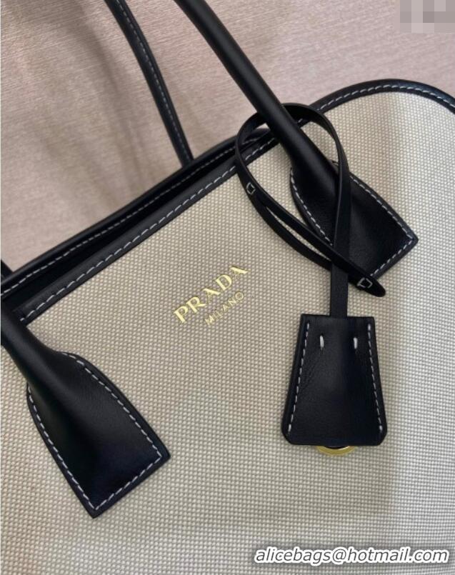 Luxury Discount Prada Medium linen blend and leather tote bag 1BG572 Black 2025