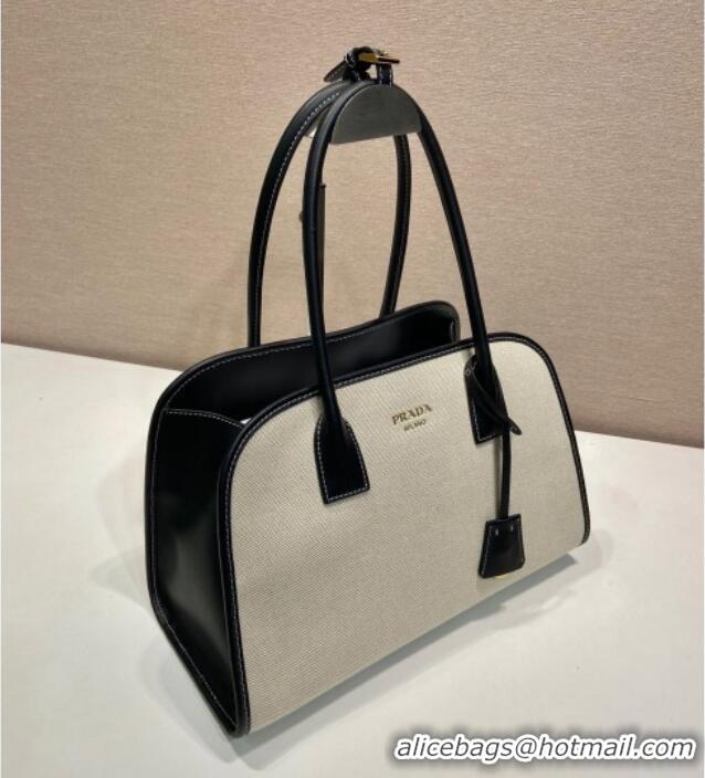 Luxury Discount Prada Medium linen blend and leather tote bag 1BG572 Black 2025