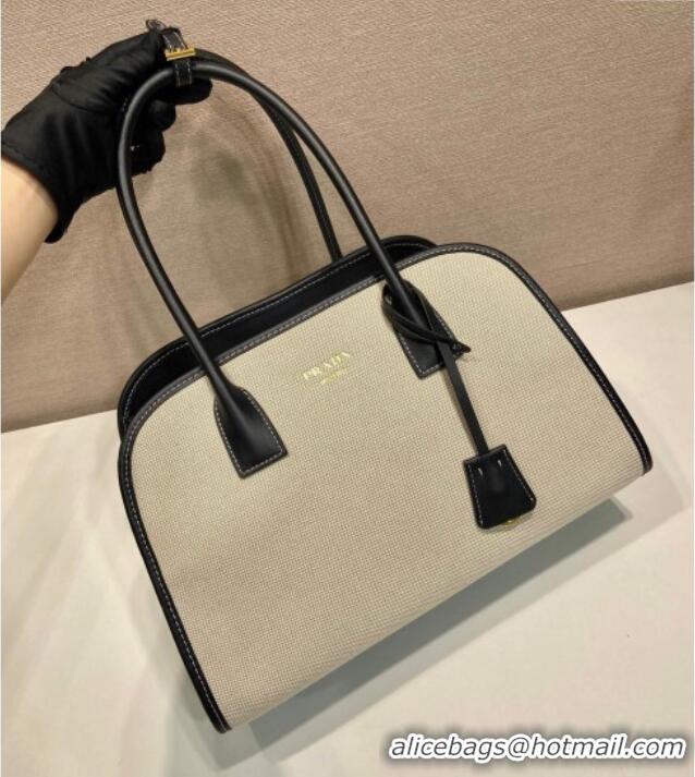 Luxury Discount Prada Medium linen blend and leather tote bag 1BG572 Black 2025