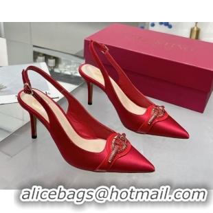 Good Looking Valentino The Bold Edition VLogo Satin Slingback Pumps 8cm with Strass Red VLTN02252