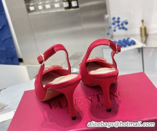 Good Looking Valentino The Bold Edition VLogo Satin Slingback Pumps 8cm with Strass Red VLTN02252