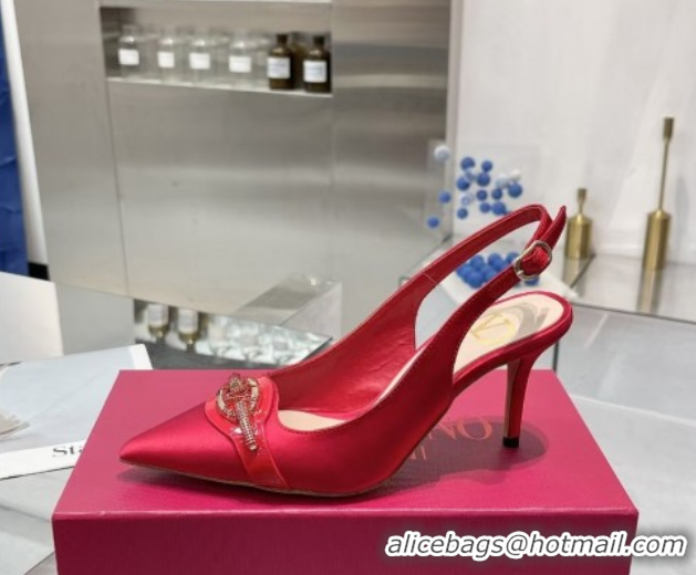 Good Looking Valentino The Bold Edition VLogo Satin Slingback Pumps 8cm with Strass Red VLTN02252