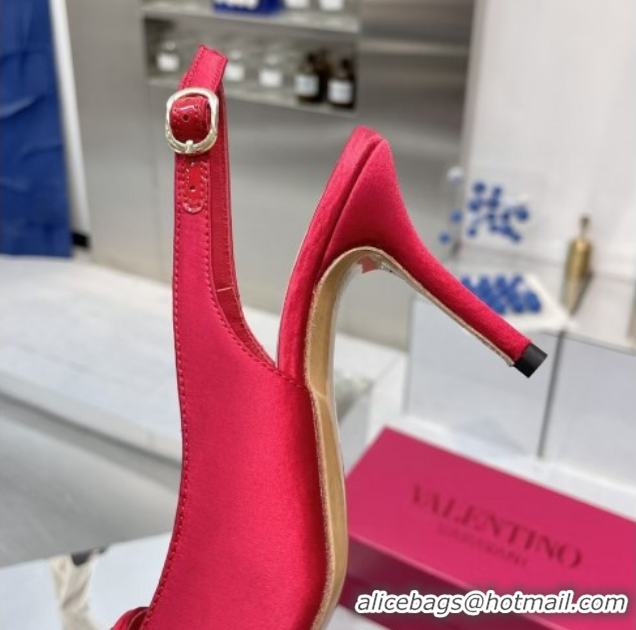 Good Looking Valentino The Bold Edition VLogo Satin Slingback Pumps 8cm with Strass Red VLTN02252
