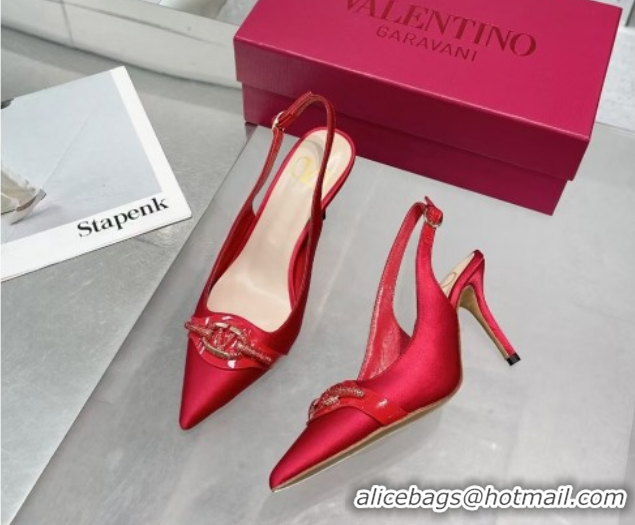 Good Looking Valentino The Bold Edition VLogo Satin Slingback Pumps 8cm with Strass Red VLTN02252