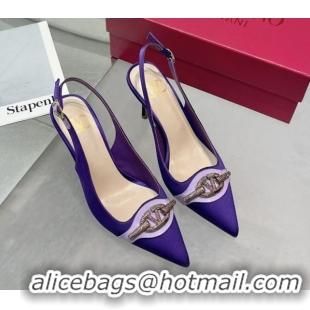 Discount Valentino The Bold Edition VLogo Satin Slingback Pumps 8cm with Strass Purple 2025 VLTN02252