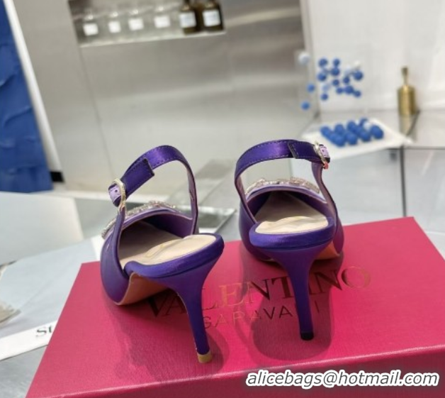 Discount Valentino The Bold Edition VLogo Satin Slingback Pumps 8cm with Strass Purple 2025 VLTN02252