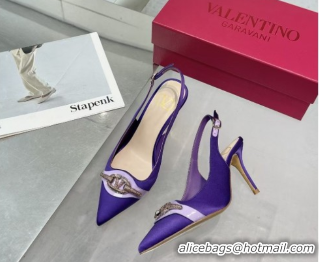 Discount Valentino The Bold Edition VLogo Satin Slingback Pumps 8cm with Strass Purple 2025 VLTN02252
