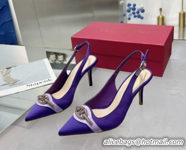 Discount Valentino The Bold Edition VLogo Satin Slingback Pumps 8cm with Strass Purple 2025 VLTN02252