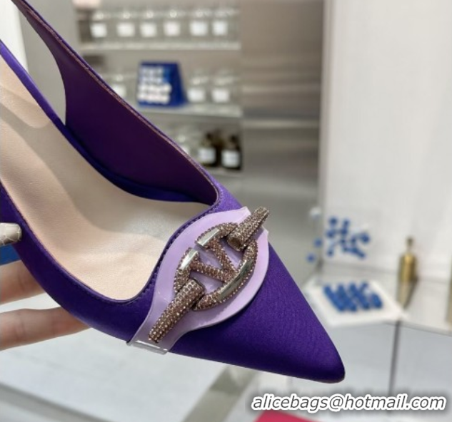 Discount Valentino The Bold Edition VLogo Satin Slingback Pumps 8cm with Strass Purple 2025 VLTN02252