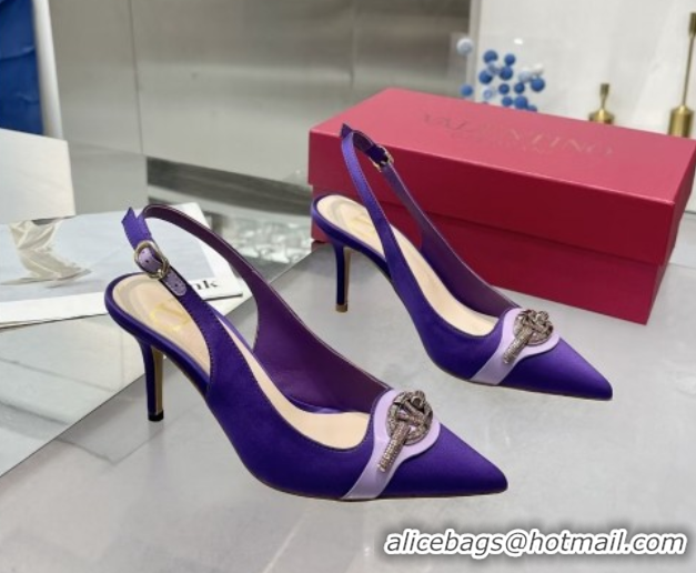 Discount Valentino The Bold Edition VLogo Satin Slingback Pumps 8cm with Strass Purple 2025 VLTN02252