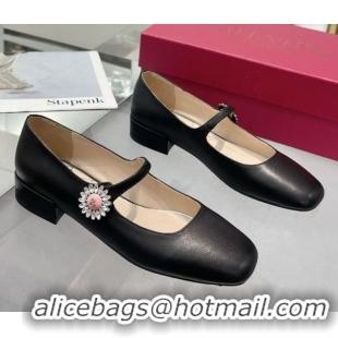 Best Grade Valentino Preshoes Mary-Janes Ballerinas Flats in Calf Leather with Jeweled Button Black 0225103