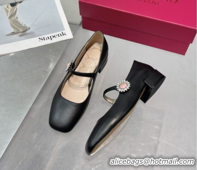 Best Grade Valentino Preshoes Mary-Janes Ballerinas Flats in Calf Leather with Jeweled Button Black 0225103