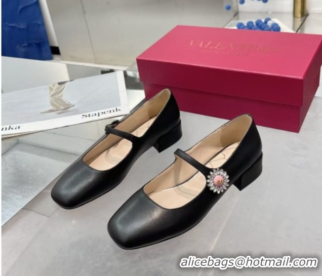 Best Grade Valentino Preshoes Mary-Janes Ballerinas Flats in Calf Leather with Jeweled Button Black 0225103