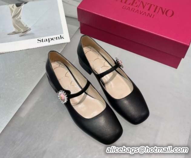 Best Grade Valentino Preshoes Mary-Janes Ballerinas Flats in Calf Leather with Jeweled Button Black 0225103