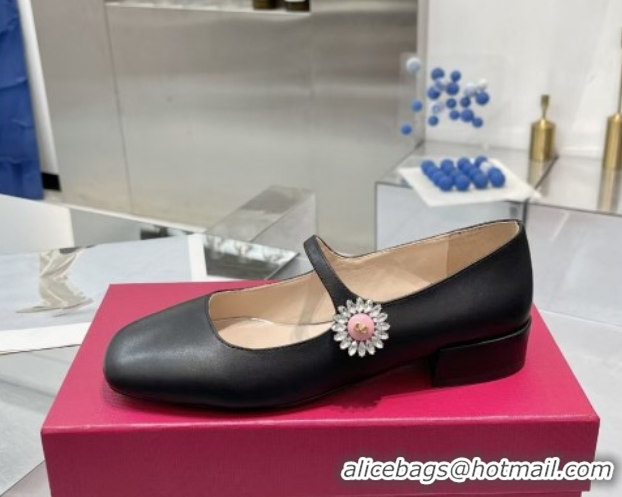 Best Grade Valentino Preshoes Mary-Janes Ballerinas Flats in Calf Leather with Jeweled Button Black 0225103