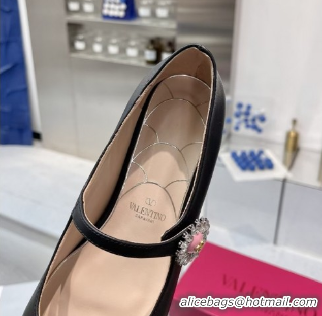 Best Grade Valentino Preshoes Mary-Janes Ballerinas Flats in Calf Leather with Jeweled Button Black 0225103