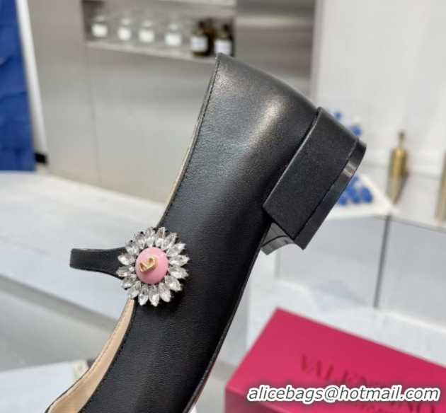 Best Grade Valentino Preshoes Mary-Janes Ballerinas Flats in Calf Leather with Jeweled Button Black 0225103