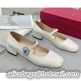 Pretty Style Valentino Preshoes Mary-Janes Ballerinas Flats in Calf Leather with Jeweled Button White 0225104