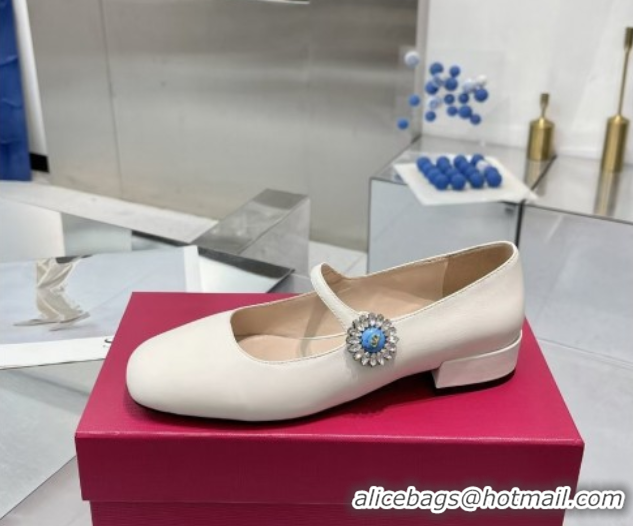 Pretty Style Valentino Preshoes Mary-Janes Ballerinas Flats in Calf Leather with Jeweled Button White 0225104
