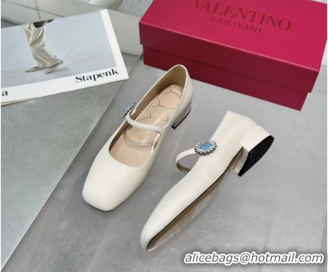 Pretty Style Valentino Preshoes Mary-Janes Ballerinas Flats in Calf Leather with Jeweled Button White 0225104