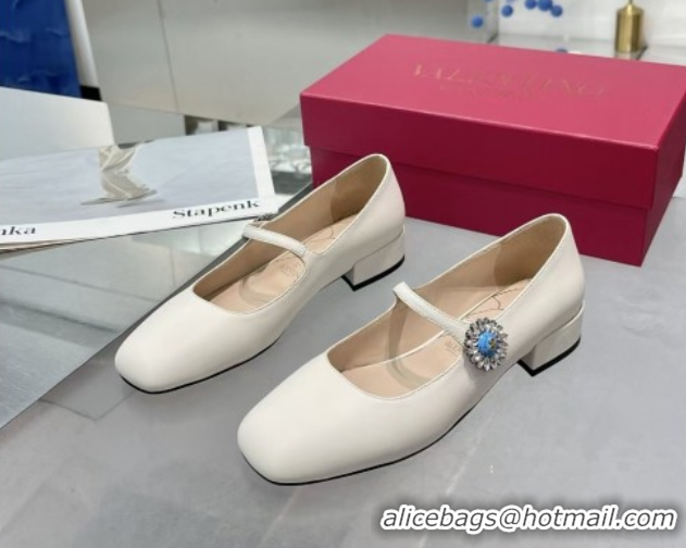 Pretty Style Valentino Preshoes Mary-Janes Ballerinas Flats in Calf Leather with Jeweled Button White 0225104