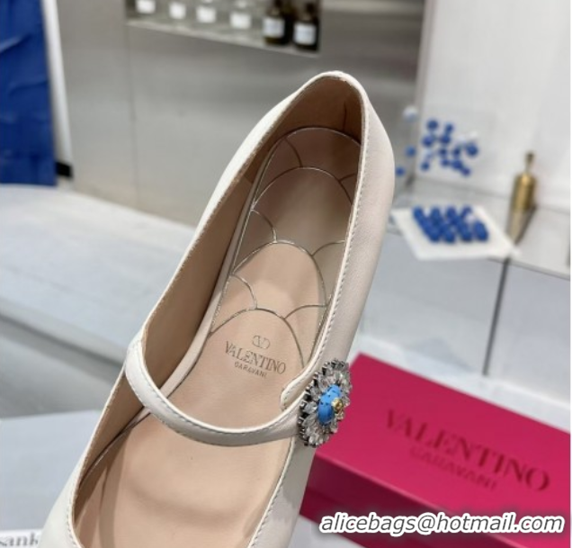 Pretty Style Valentino Preshoes Mary-Janes Ballerinas Flats in Calf Leather with Jeweled Button White 0225104