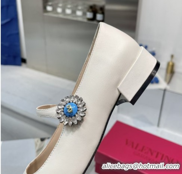 Pretty Style Valentino Preshoes Mary-Janes Ballerinas Flats in Calf Leather with Jeweled Button White 0225104