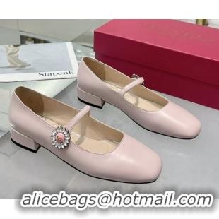 Best Price Valentino Preshoes Mary-Janes Ballerinas Flats in Calf Leather with Jeweled Button Light Pink 0225105