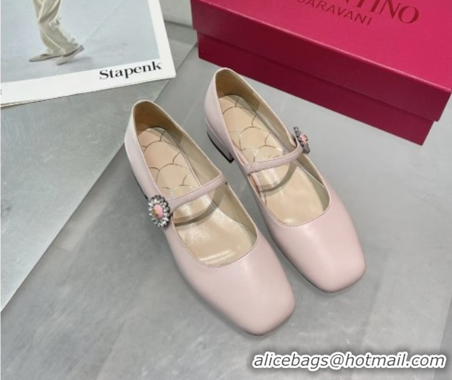 Best Price Valentino Preshoes Mary-Janes Ballerinas Flats in Calf Leather with Jeweled Button Light Pink 0225105