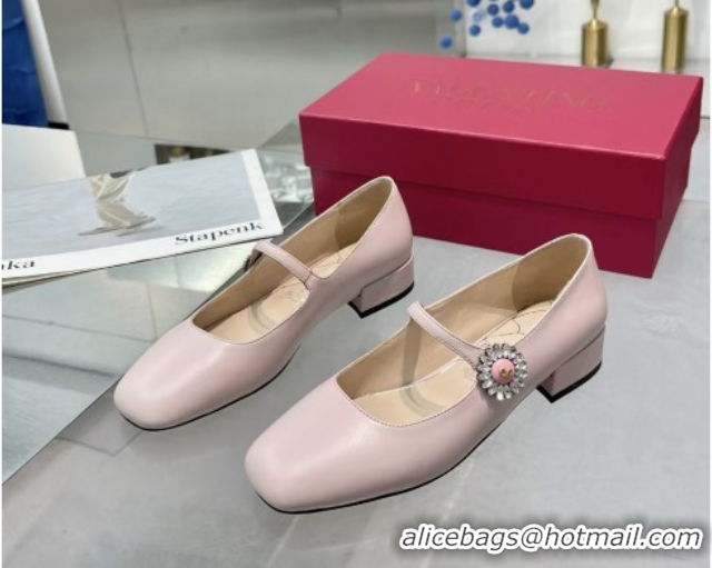 Best Price Valentino Preshoes Mary-Janes Ballerinas Flats in Calf Leather with Jeweled Button Light Pink 0225105