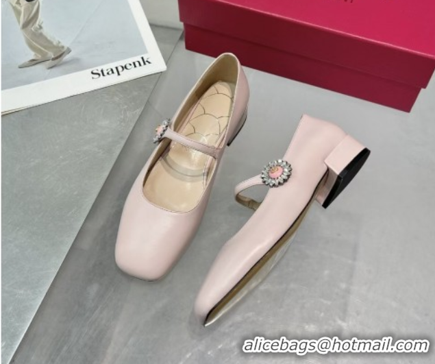 Best Price Valentino Preshoes Mary-Janes Ballerinas Flats in Calf Leather with Jeweled Button Light Pink 0225105