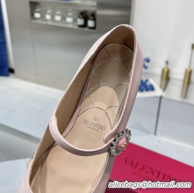 Best Price Valentino Preshoes Mary-Janes Ballerinas Flats in Calf Leather with Jeweled Button Light Pink 0225105