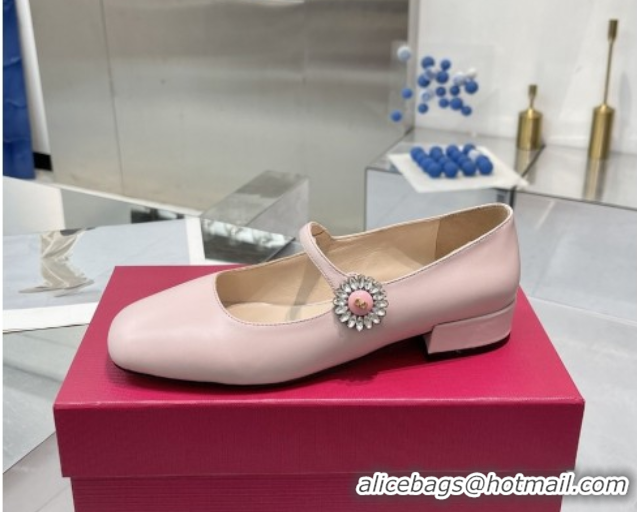 Best Price Valentino Preshoes Mary-Janes Ballerinas Flats in Calf Leather with Jeweled Button Light Pink 0225105